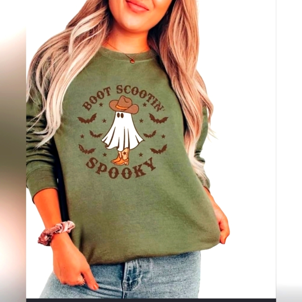 Boot Scootin Spooky Sweatshirt, Cowgirl Ghost Sweatshirt, Howdy Boo Large Green